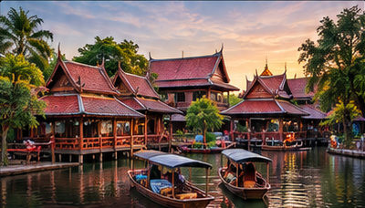Traditionelle Boote und lokales Leben in Thailand